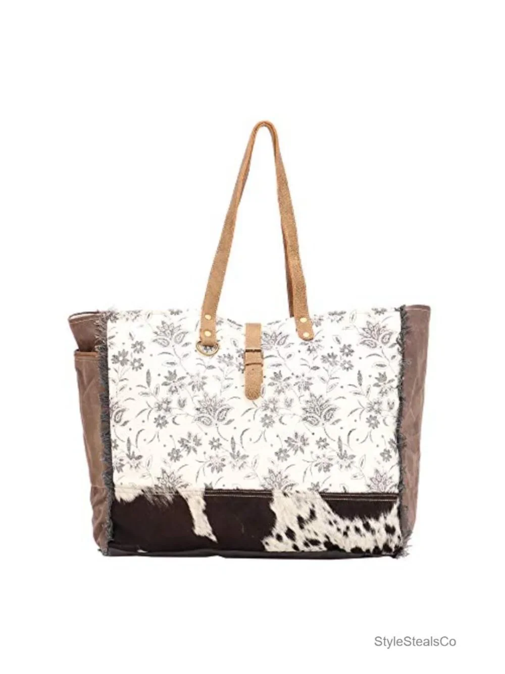 Canvas Floral Hobo Bag with Leather Strap - Tote Shoulder Purse